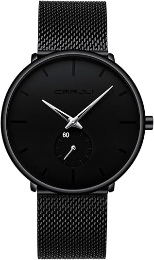CRRJU Men Business Slim Analog Quartz Watch,Date Black Dial Wrist Watch with Mesh Bracelet Strap