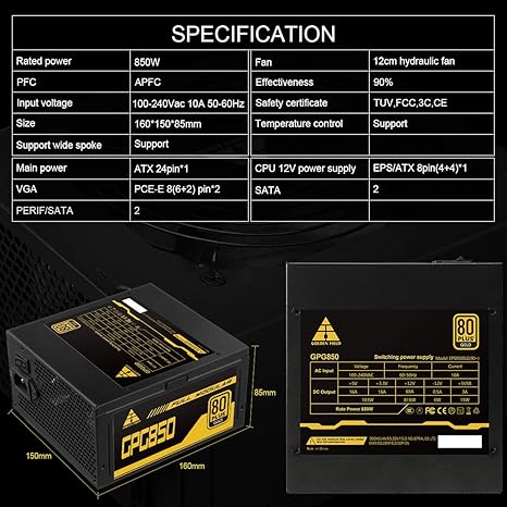 GOLDEN FIELD GPG850 Power Supply, 850W Full Modular
