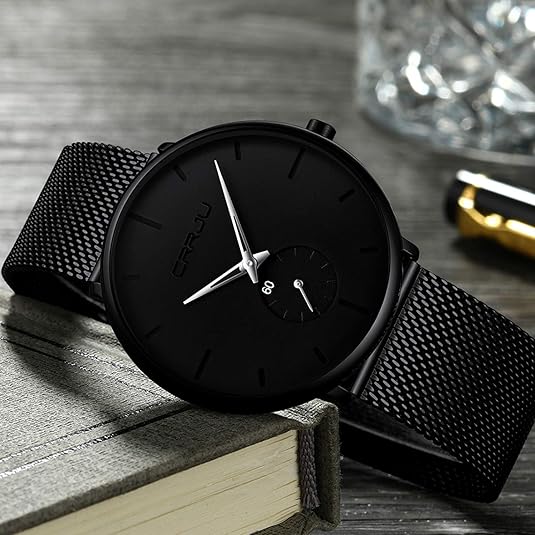 CRRJU Men Business Slim Analog Quartz Watch,Date Black Dial Wrist Watch with Mesh Bracelet Strap