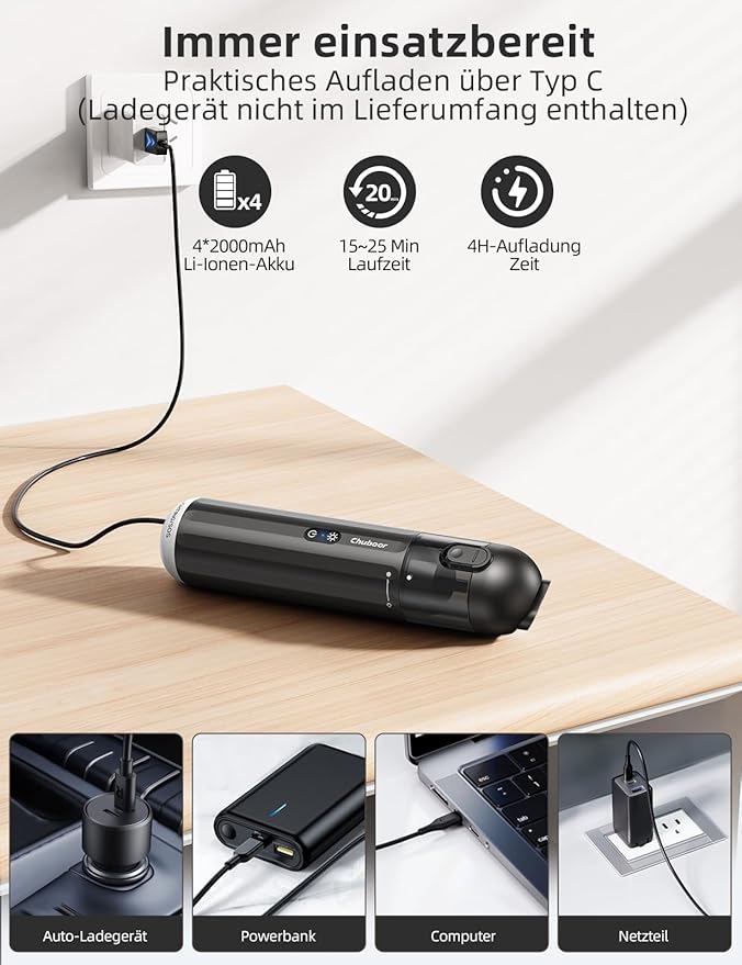 Chuboor Handheld Vacuum Cleaner Wireless Handheld Vacuum Cleaner Car 14000Pa Mini Vacuum Cleaner 6 in 1 Multifunction 25 Min Rechargeable with Air Blower / Inflator / Pump / LED and SOS Light for Home