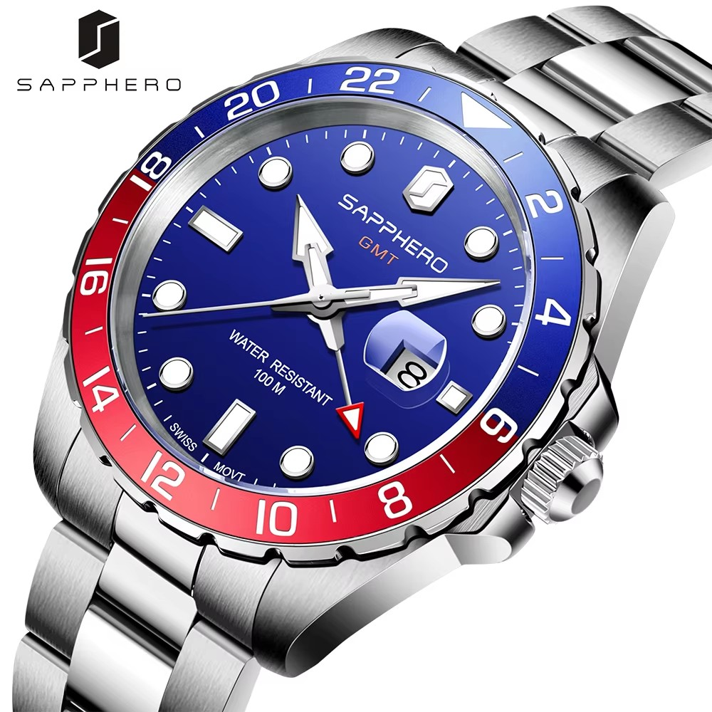Sapphero SO-2106-1BLURDBLU Men GMT Pepsi Blue Dial Stainless Steel Strap