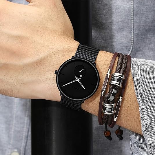CRRJU Men Business Slim Analog Quartz Watch,Date Black Dial Wrist Watch with Mesh Bracelet Strap
