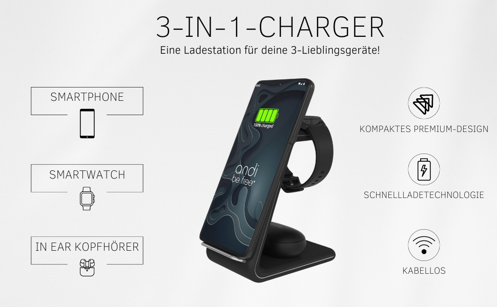 andi be free Wireless Charger, 3-in-1 Wireless Charging Station, Inductive Charging Station for Multiple Devices, Up to 23 Watt, Black