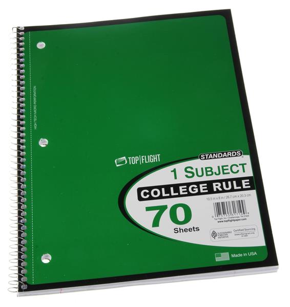 70 Sheets, 1 Subject Notebook