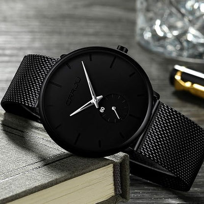 CRRJU Men Business Slim Analog Quartz Watch,Date Black Dial Wrist Watch with Mesh Bracelet Strap