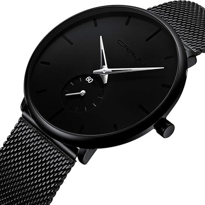 CRRJU Men Business Slim Analog Quartz Watch,Date Black Dial Wrist Watch with Mesh Bracelet Strap