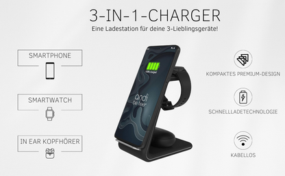 andi be free Wireless Charger, 3-in-1 Wireless Charging Station, Inductive Charging Station for Multiple Devices, Up to 23 Watt, Black