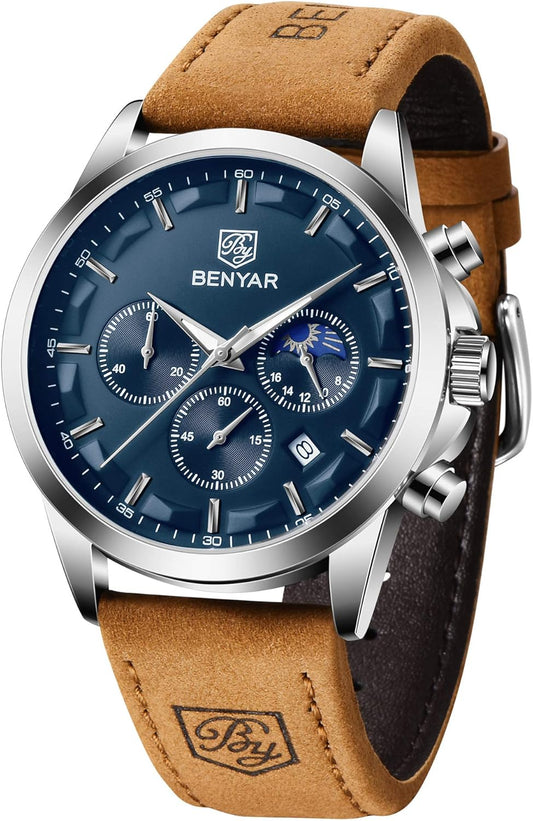 Benyar Men's Leather Strap Chronograph Quartz Watch