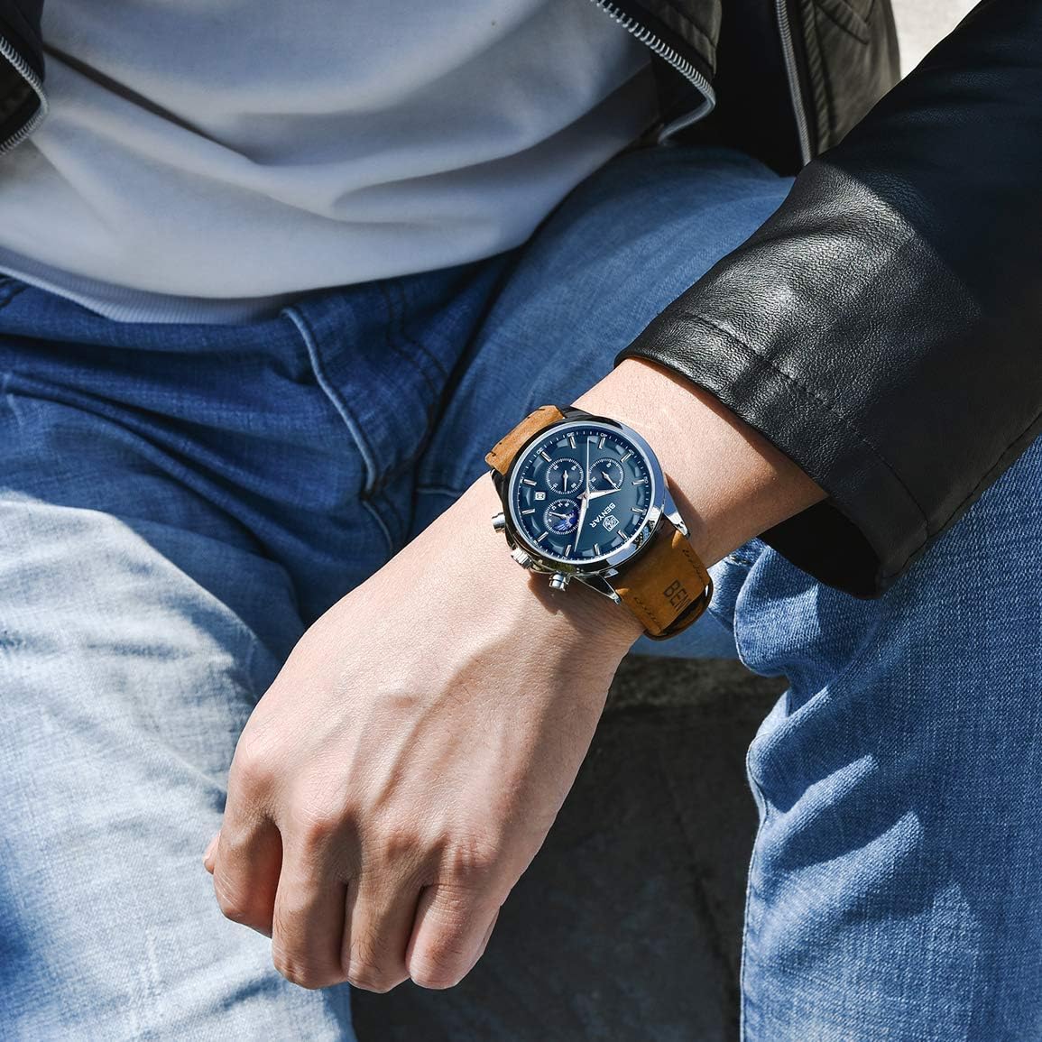 Benyar Men's Leather Strap Chronograph Quartz Watch
