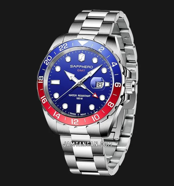 Sapphero SO-2106-1BLURDBLU Men GMT Pepsi Blue Dial Stainless Steel Strap